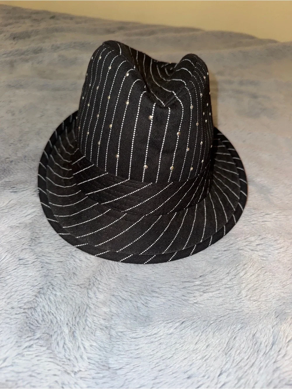 Black Pinstripe Fedora Hat with Embroidered Crest